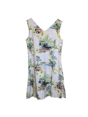 Tiki Classics Silk Hawaiian Dress Tropical Print Sleeveless Size L Mini Resort